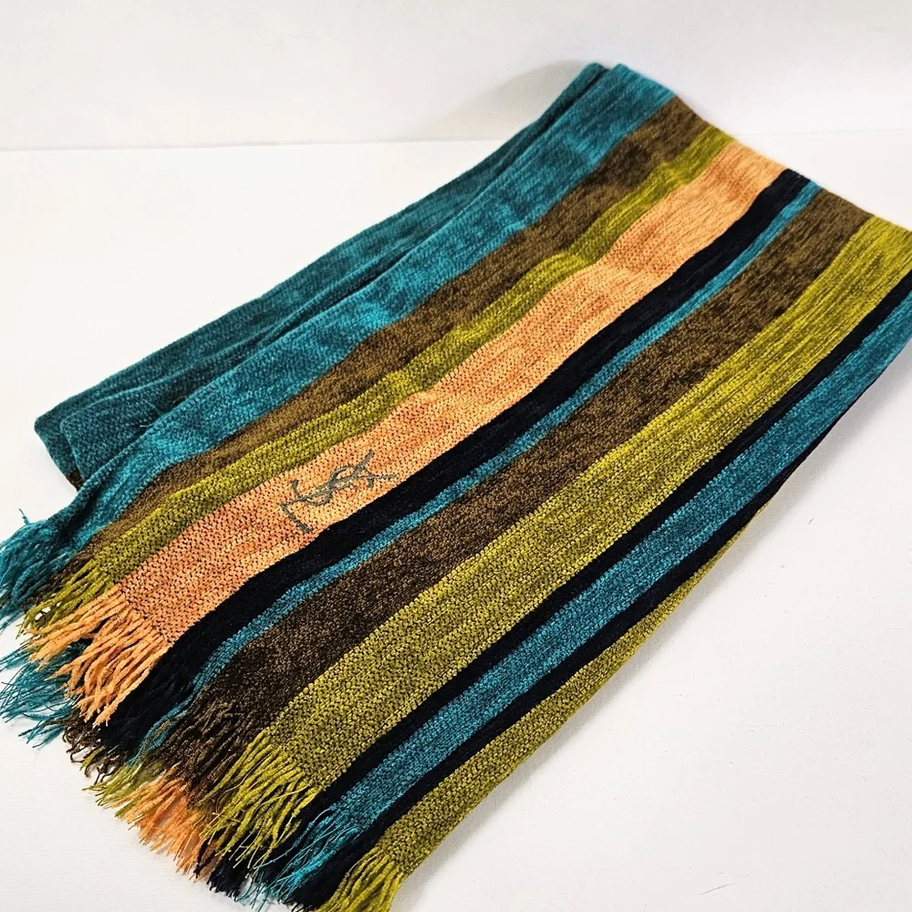 YSL Chenille scarf Striped fringed designer luxury
